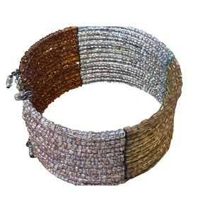 Handmade Beaded Memory Wire Cuff Bracelet Metallic Gold Silver Copper Boho 841